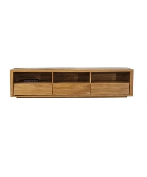 Teak Wood Media Center by Casa Bella Designs with natural teak finish and three open shelves.