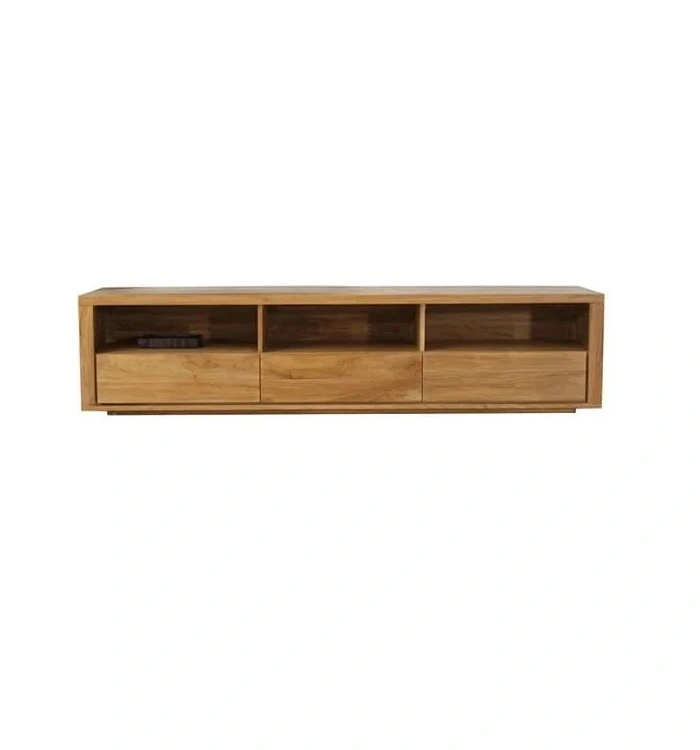 Teak Wood Media Center by Casa Bella Designs with natural teak finish and three open shelves.