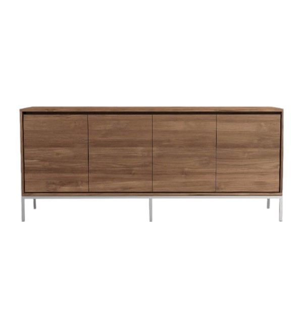 Elegant sideboard crafted from certified solid teak wood, featuring clean lines and stainless steel legs for modern storage solutions