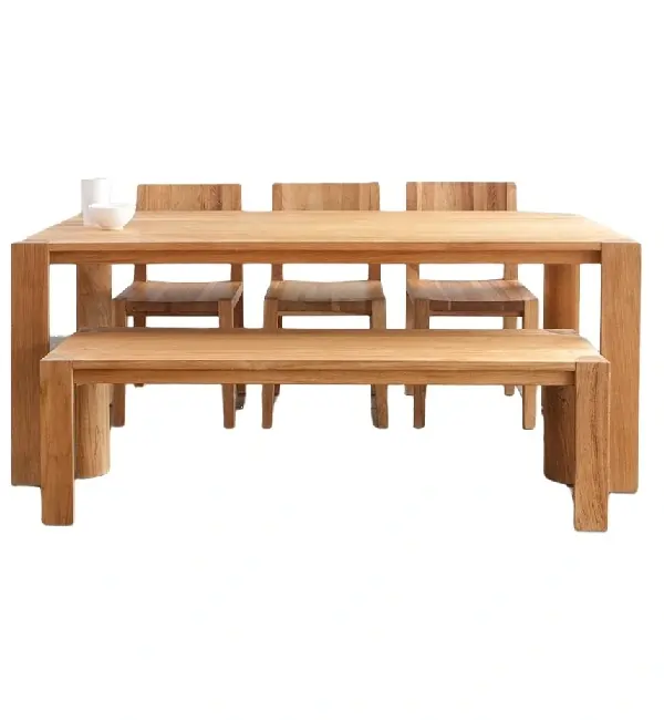 Modern Teak Dining Set with 5 chairs and a long bench in a natural finish