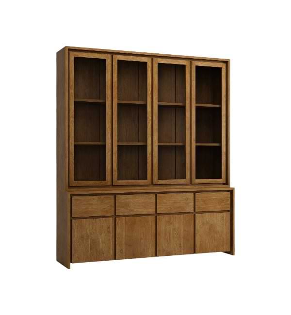 Teak Wood Display Cabinet with glass sliding doors, featuring multiple shelves and a bottom drawer, elegantly showcasing decor items in a stylish dining room setting