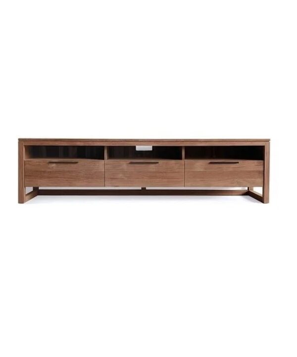 Teak Wood TV Cabinet with three drawers and shelves from Casa Bella Designs.