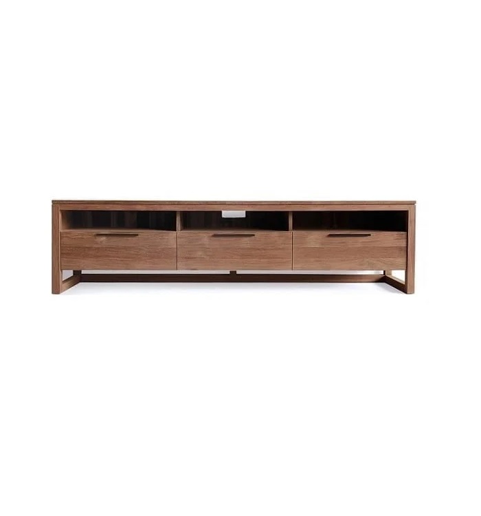 Teak Wood TV Cabinet with three drawers and shelves from Casa Bella Designs.