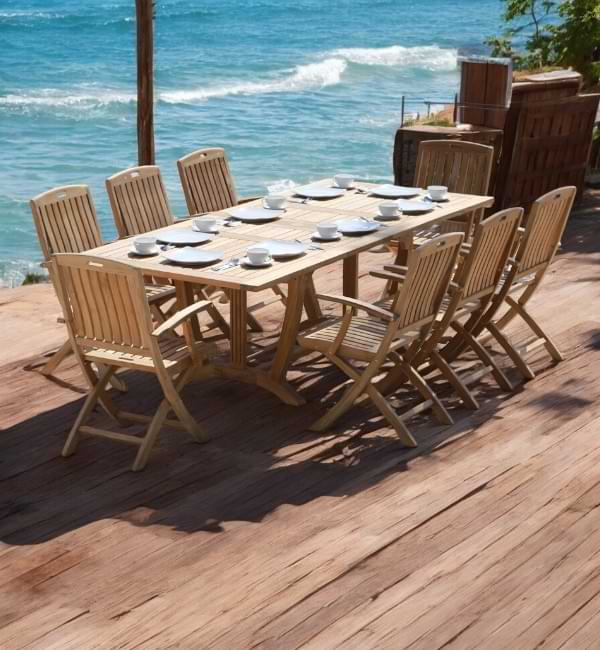 Rectangular Teak Extension Table Set with Teak Folding Arm Chairs – Perfect for Outdoor Dining