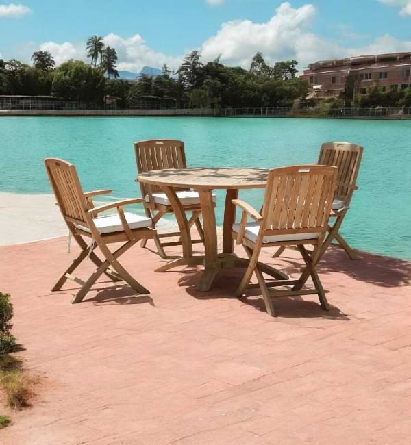 Teak Outdoor Dining Set with Round Table and Foldable Chairs – Durable and Weather-Resistant Patio Furniture