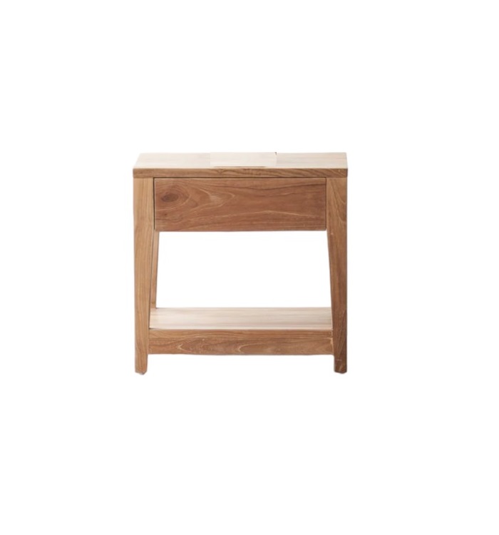 Recycled Teak Side Table with natural finish and eco-friendly design, featuring a single drawer and reclaimed teak construction.