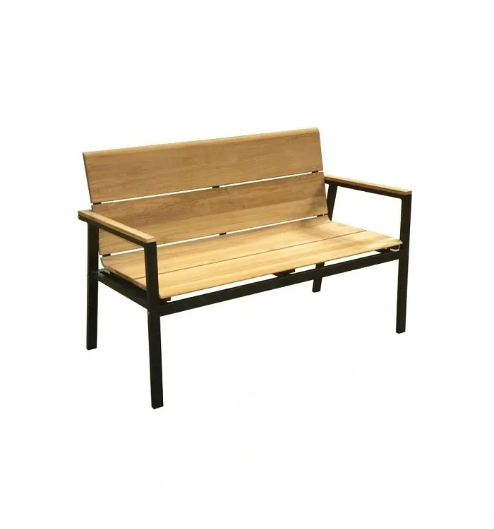 Modern Teak Aluminum Bench with black frame and Grade-A teak wood seat, outdoor garden setting.