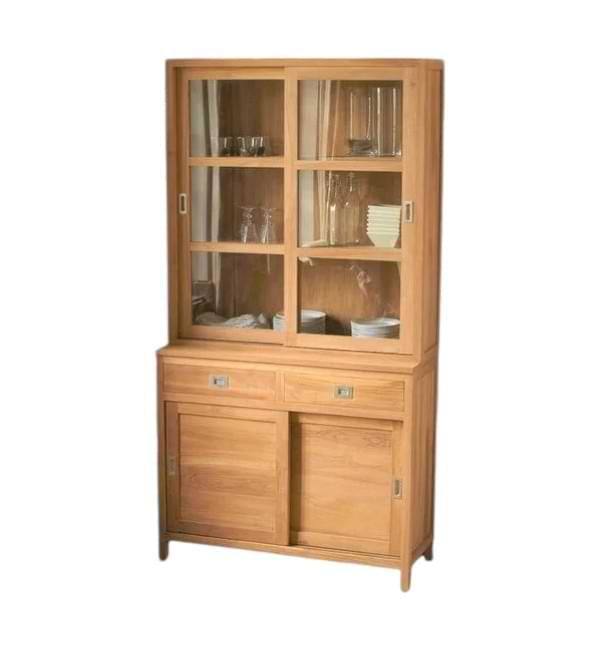 Teak Sliding Door Display Cabinet showcasing glass doors and wooden shelves