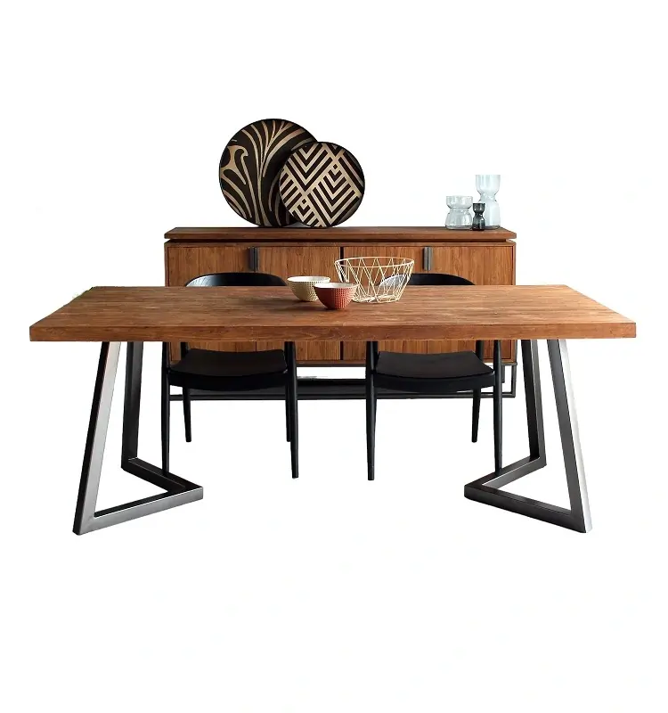 Teak dining table in a modern dining room