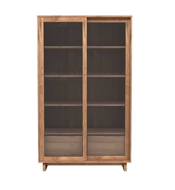 Stylish Teak Display Cabinet with Glass Sliding Doors and Shelves